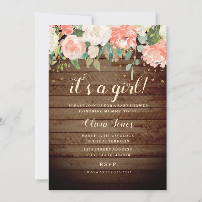 Invitation de Baby shower Floral en bois rustique (Devant)