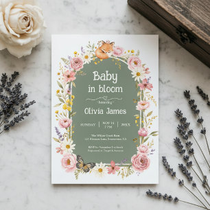 Invitation de Baby Shower Floral Fox Woodland Sage