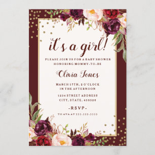 Invitation de Baby shower Floral Gold Burgundy