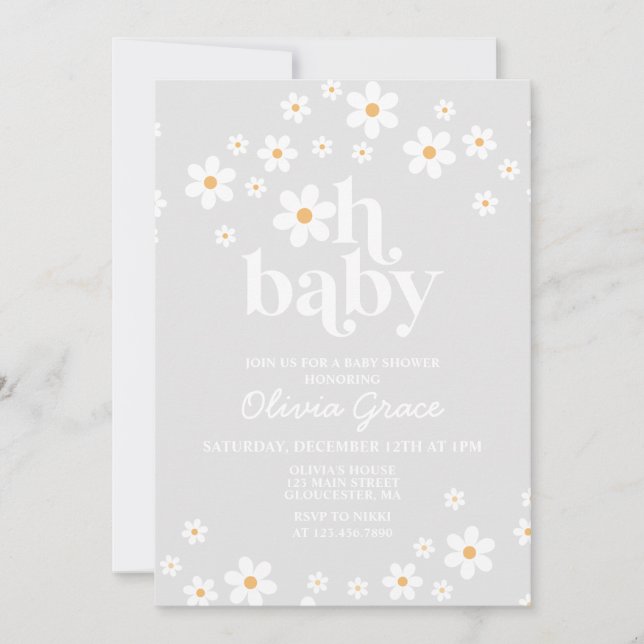 Invitation de Baby shower Floral Gris Retro (Devant)