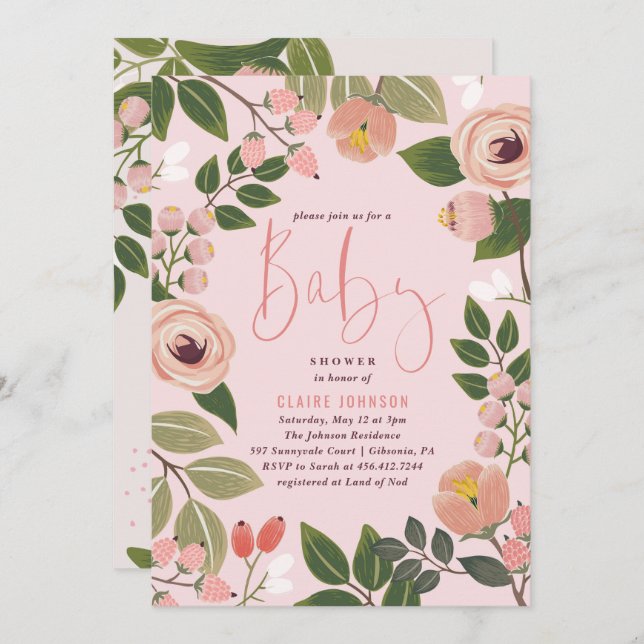 Invitation de Baby shower floral peint | Corail (Devant / Derrière)