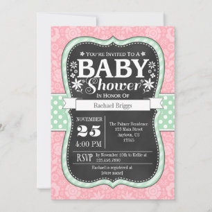 Invitation de Baby shower floral Pink Mint Chalkbo