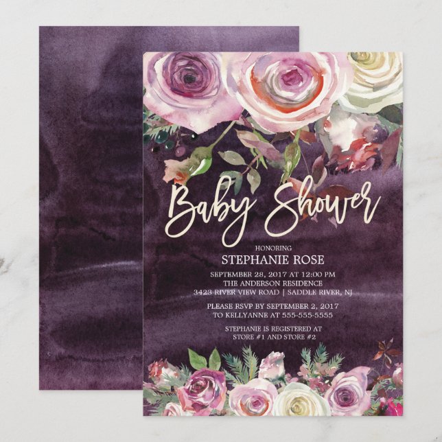 Invitation de Baby shower Floral pourpre Rose gelé (Devant / Derrière)