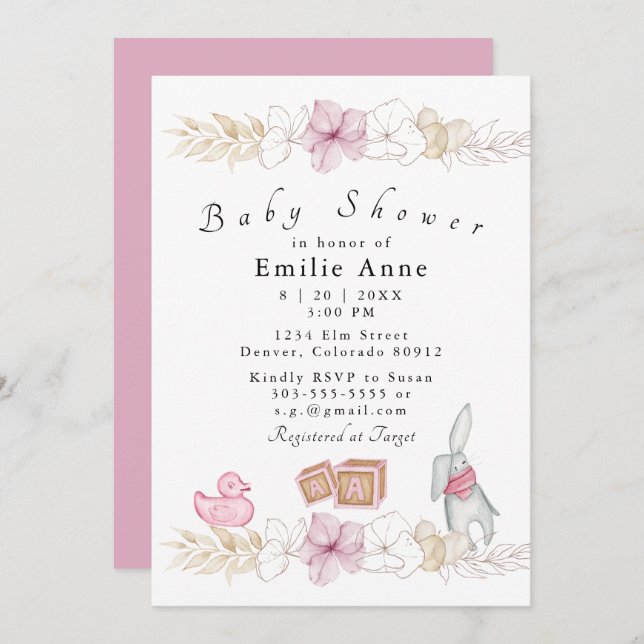 Invitation de Baby shower floral rose délicate (Devant / Derrière)