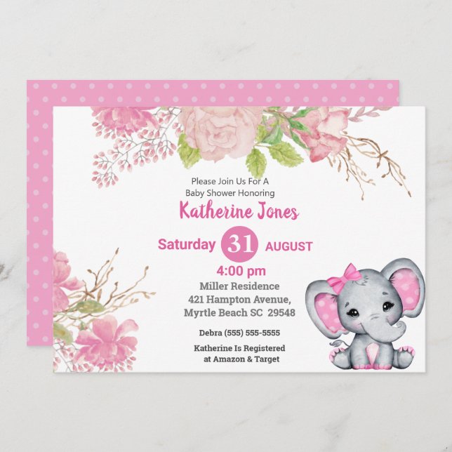 Invitation de Baby shower Floral Rose Eléphant mig (Devant / Derrière)