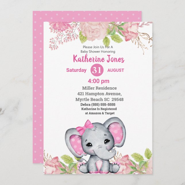 Invitation de Baby shower Floral Rose Eléphant mig (Devant / Derrière)