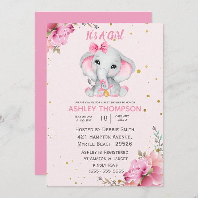 Invitation de Baby shower Floral Rose Eléphant mig (Devant / Derrière)