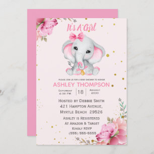Invitation de Baby shower Floral Rose Eléphant mig