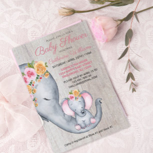 Invitation de Baby shower Floral Rose Eléphant mig