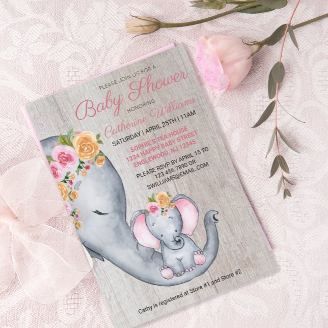 Invitation de Baby shower Floral Rose Eléphant mig (Créateur téléchargé)