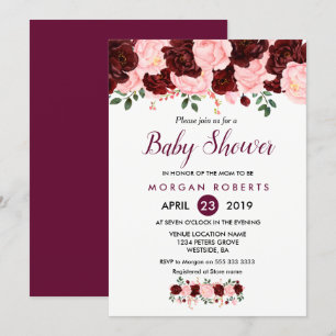 Invitation de Baby shower Floral rose et bourguign