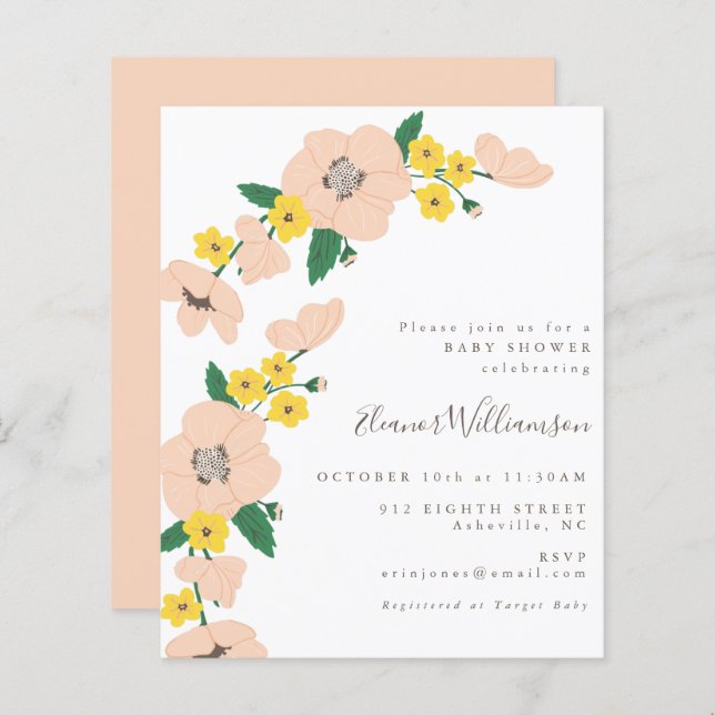Invitation de Baby shower floral rose et jaune Bud (Devant / Derrière)