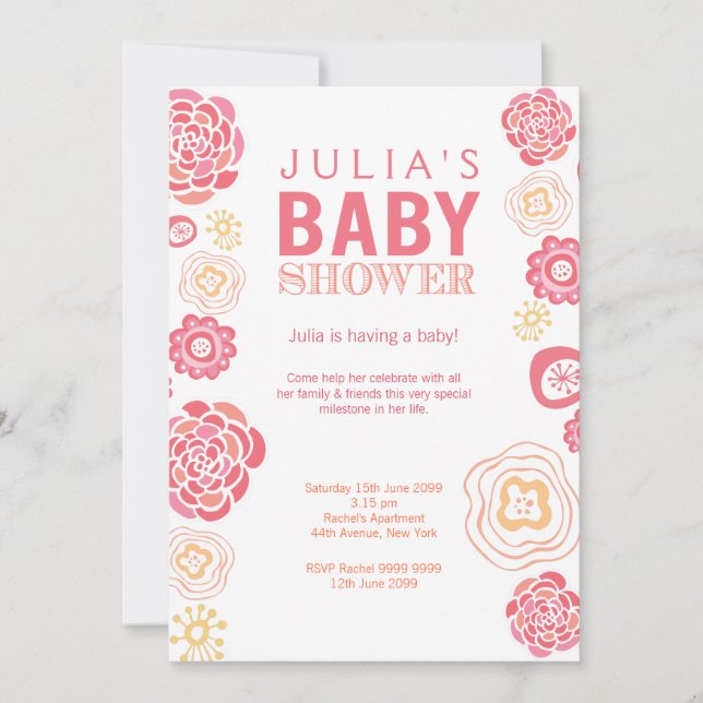 Invitation de Baby shower Floral rose et orange mo (Devant)