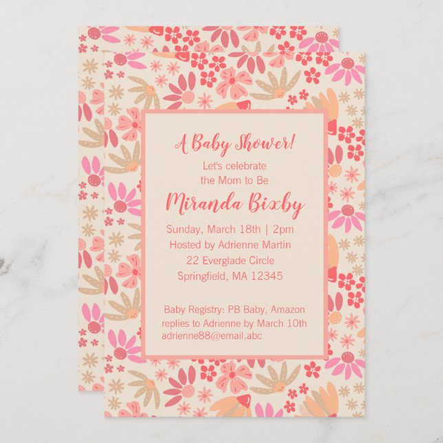 Invitation de Baby shower floral rose et pêche (Devant / Derrière)