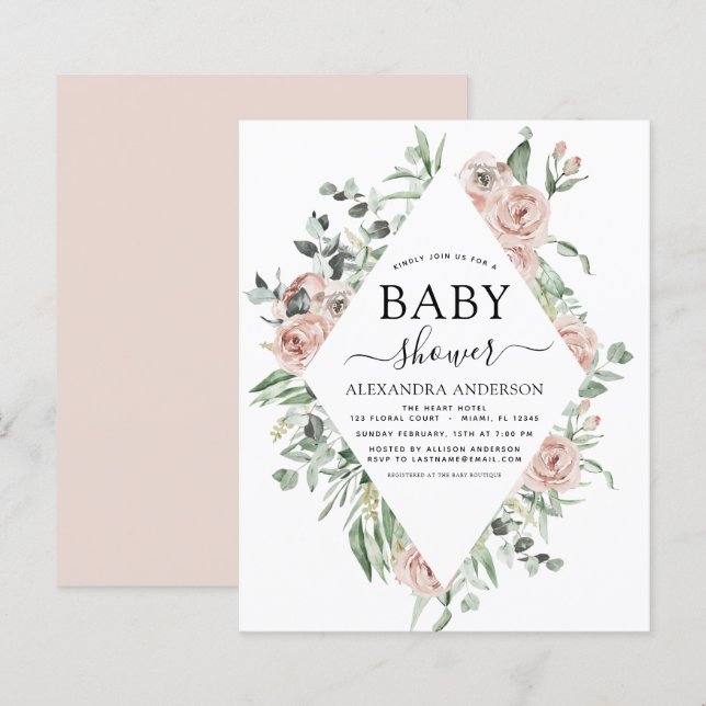 Invitation de Baby Shower Floral Rose Poussiéreuse (Devant / Derrière)