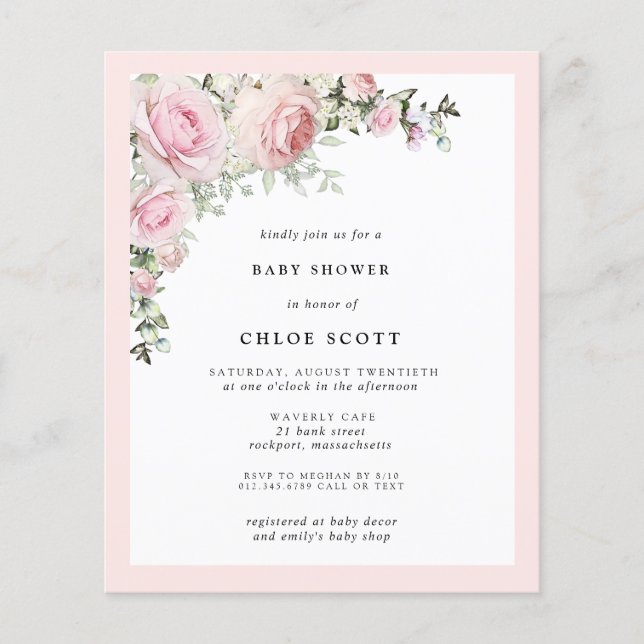 Invitation de Baby shower floral rose rose Budget (Devant)