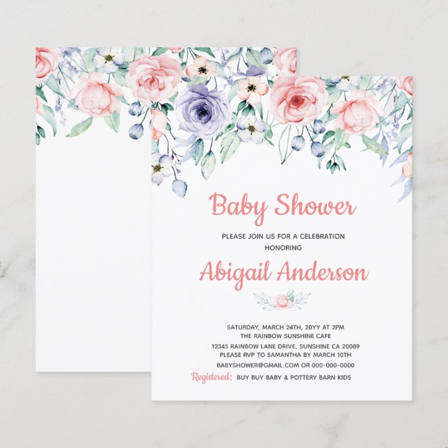 Invitation de Baby shower floral rose rose Budget (Devant / Derrière)