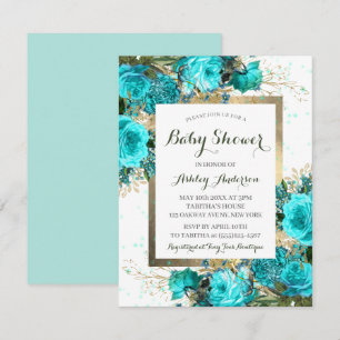 Invitation de Baby shower Floral Rose turquoise