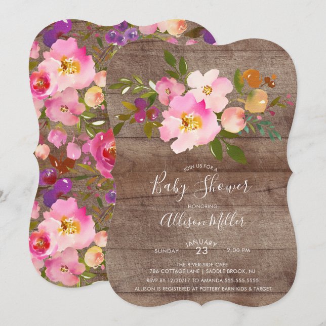 Invitation de Baby shower Floral rose violet rusti (Devant / Derrière)