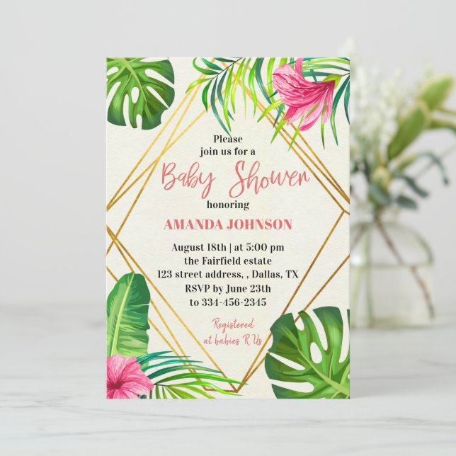 Invitation de Baby shower floral tropical (Debout devant)