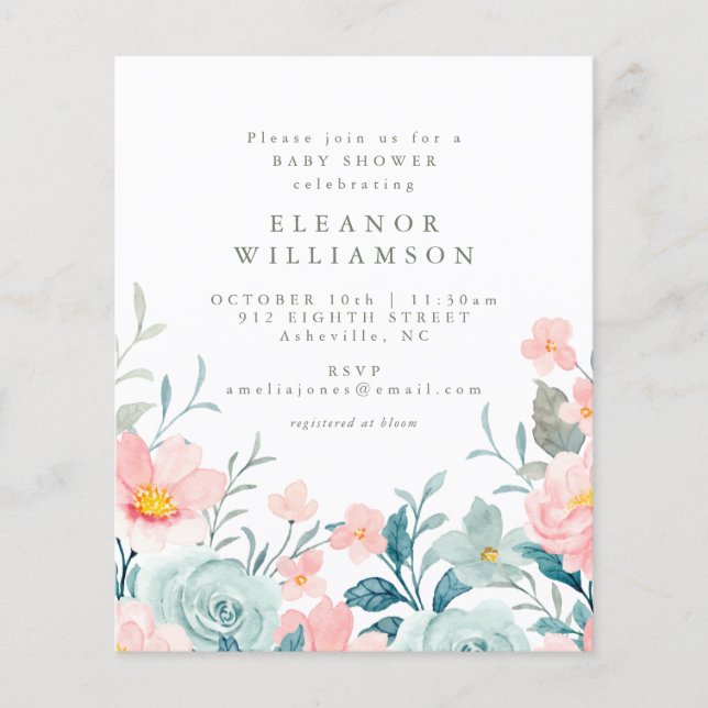 Invitation de Baby shower Floral Turquoise Budget (Devant)