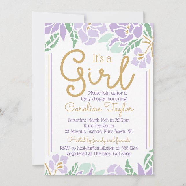 Invitation de Baby shower floral violet et or (Devant)