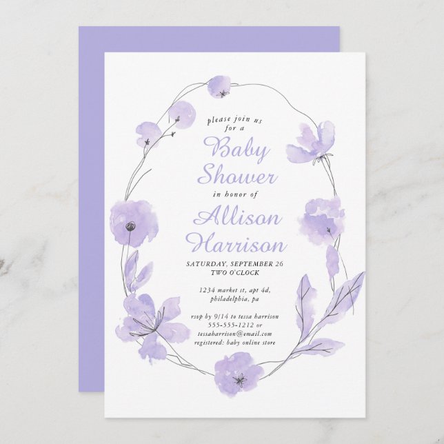 Invitation de Baby shower Floral Watercolor Lavend (Devant / Derrière)