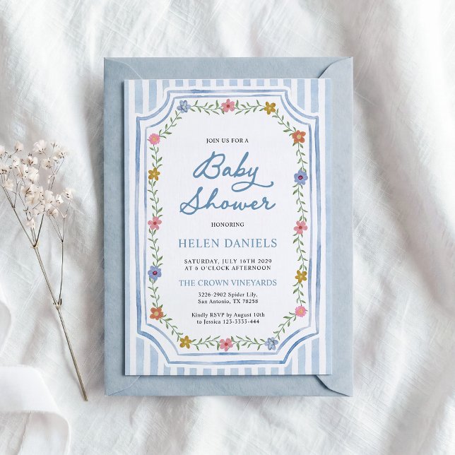 Invitation de baby shower florale à rayures bleues (Créateur téléchargé)