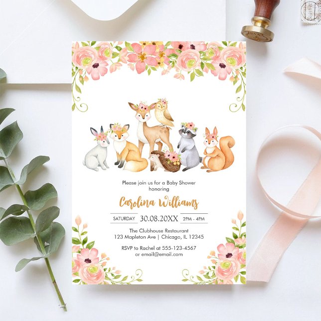 Invitation de Baby Shower Florale Animaux de la Fo (Créateur téléchargé)