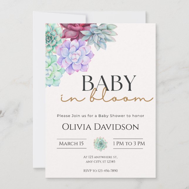 Invitation de baby shower florale aux succulentes  (Devant)