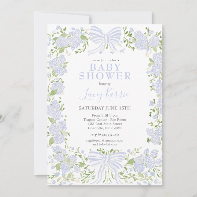 Invitation de baby shower florale bleue,  (Devant)