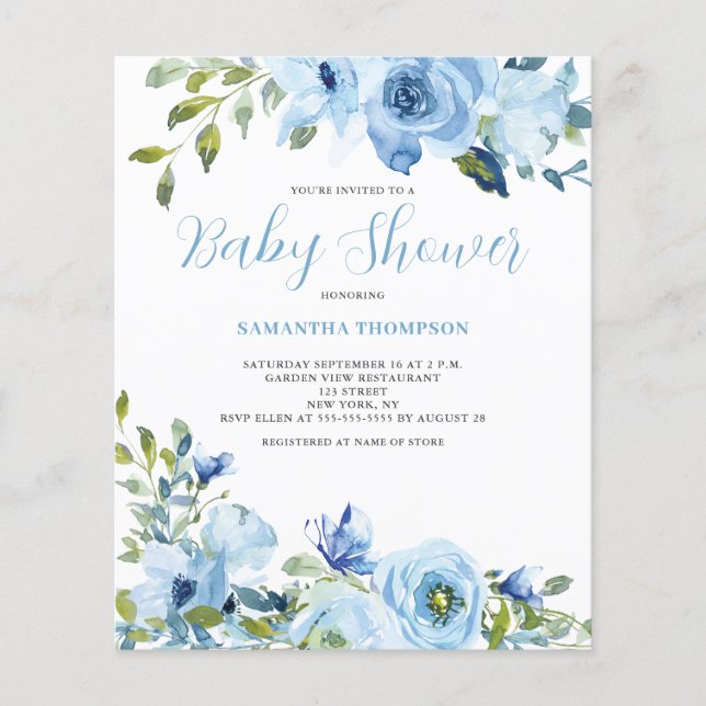 Invitation de baby shower florale bleue à petit bu (Devant)