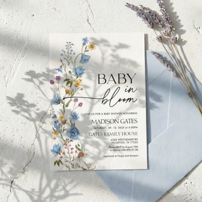 Invitation de baby shower florale bleue, bébé en f (Créateur téléchargé)