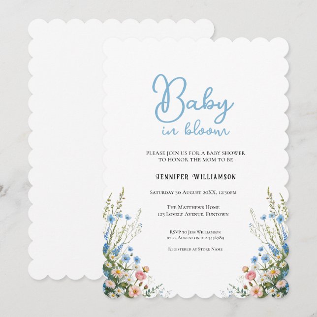Invitation de baby shower florale bleue, bébé en f (Devant / Derrière)