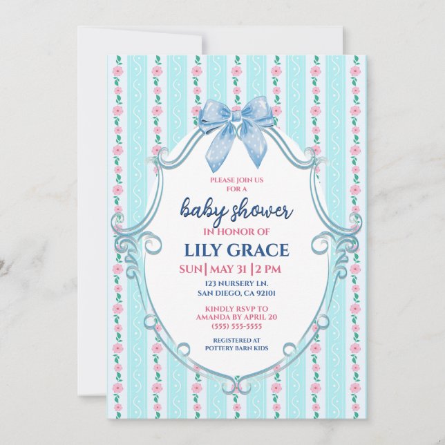 Invitation de baby shower florale bleue et rose (Devant)