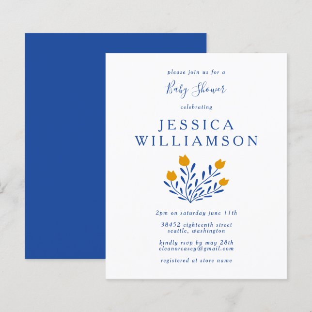 Invitation de baby shower florale bleue scandi à p (Devant / Derrière)