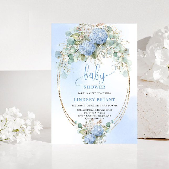 Invitation de baby shower florale bleue Soft Boho  (Soft Boho Blue Floral Baby Shower Gold Invitation)
