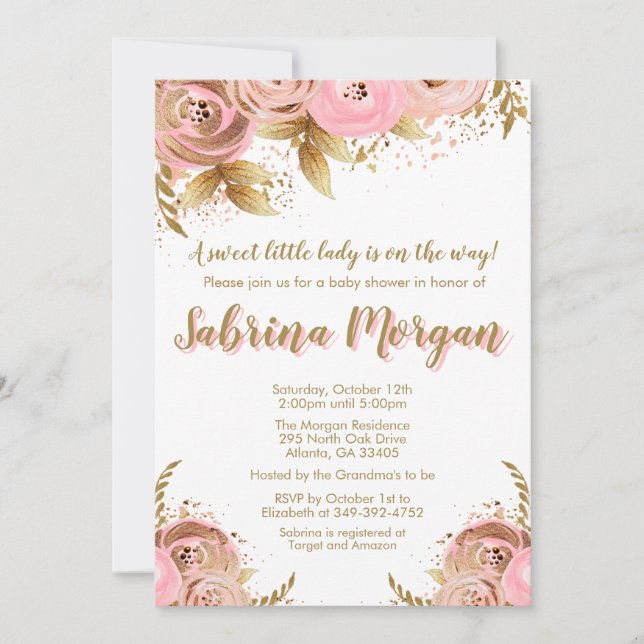 Invitation de baby shower florale en or rose (Devant)