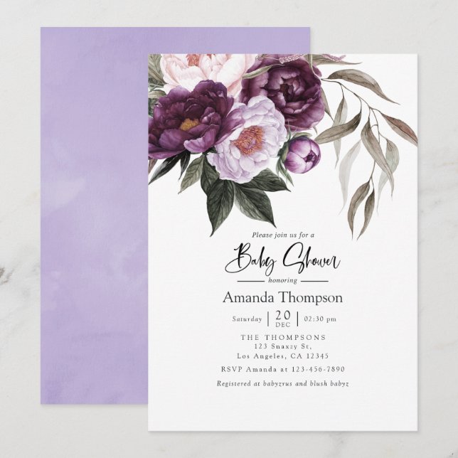 Invitation de baby shower florale en velours profo (Devant / Derrière)