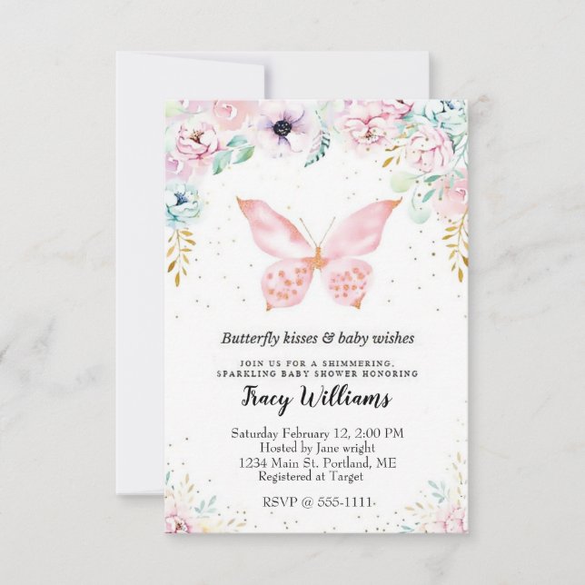 Invitation de baby shower florale et papillon past (Devant)