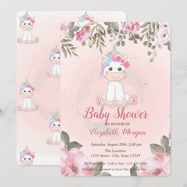 Invitation de baby shower florale Licorne Bébé Mig (Devant / Derrière)