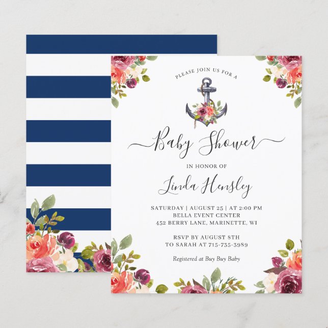 Invitation de baby shower florale nautique à petit (Devant / Derrière)