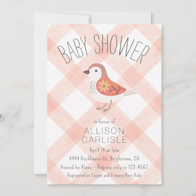 Invitation de baby shower florale oiseau gingham t (Devant)