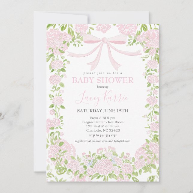 Invitation de baby shower florale rose,  (Devant)