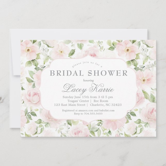 Invitation de baby shower florale rose,  (Devant)