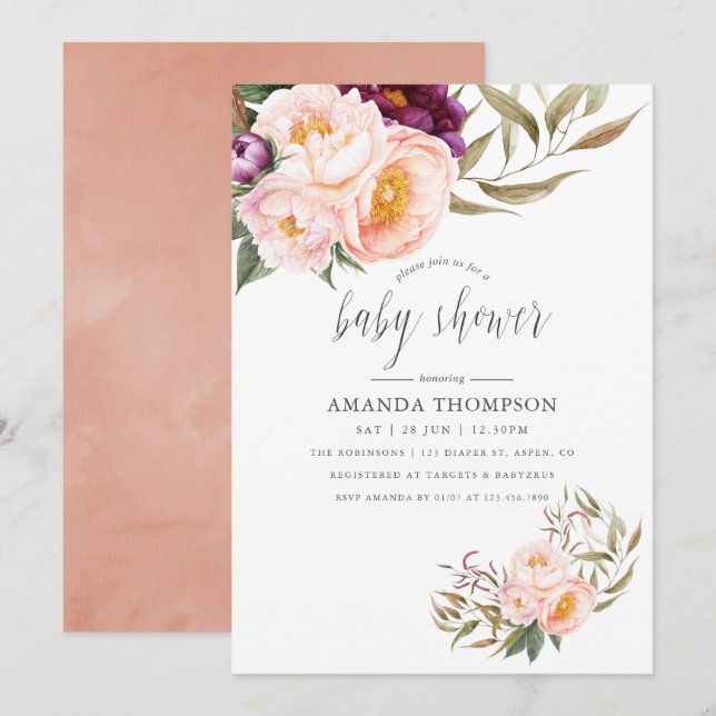 Invitation de Baby Shower Florale Rose et Bourgogn (Devant / Derrière)
