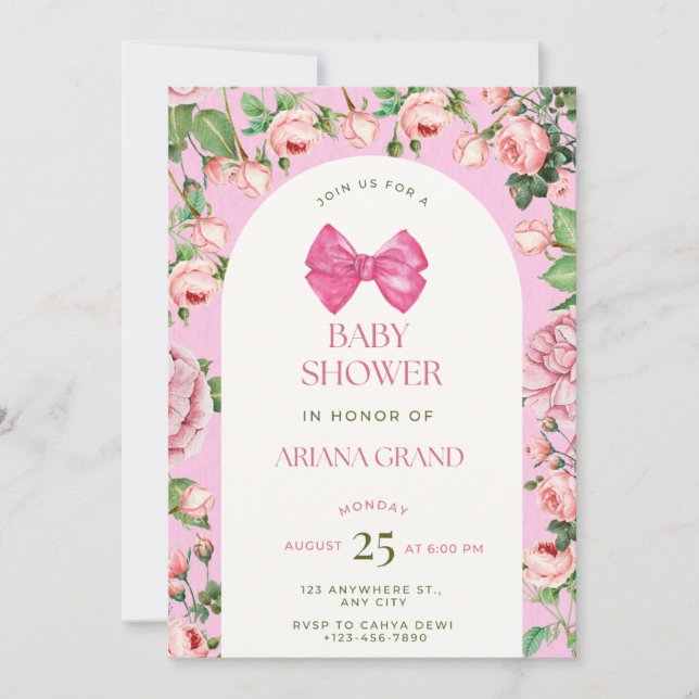 Invitation de baby shower florale rose – Modèle mo (Devant)