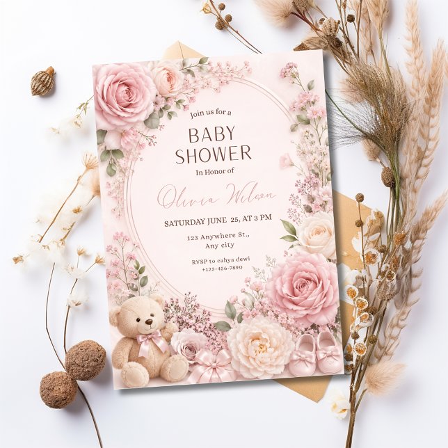 Invitation de baby shower florale rose pour fille (Créateur téléchargé)