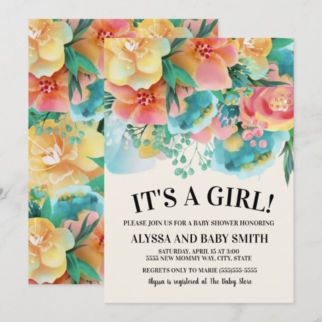 Invitation de baby shower florale rose sarcelle ja (Devant / Derrière)
