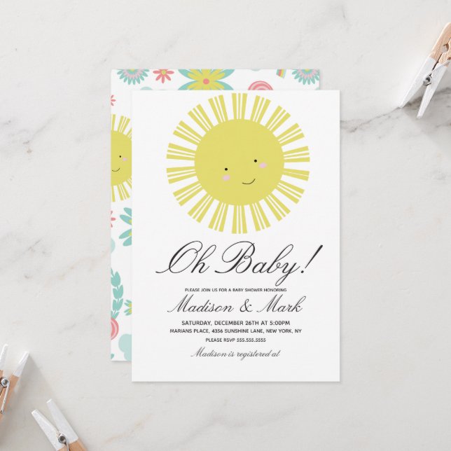 Invitation de baby shower florale soleil mignonne (Devant/Arrière en situation)